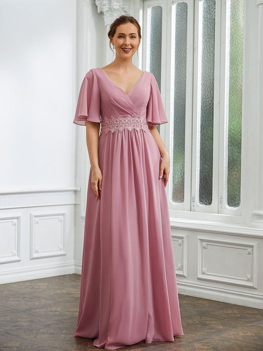 Penelope A-Line/Princess Chiffon Ruched V-neck 1/2 Sleeves Floor-Length Mother of the Bride Dresses DTP0020248