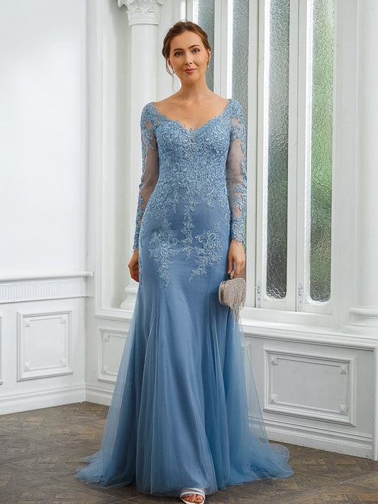 Theresa Sheath/Column Tulle Applique V-neck Long Sleeves Sweep/Brush Train Mother of the Bride Dresses DTP0020244