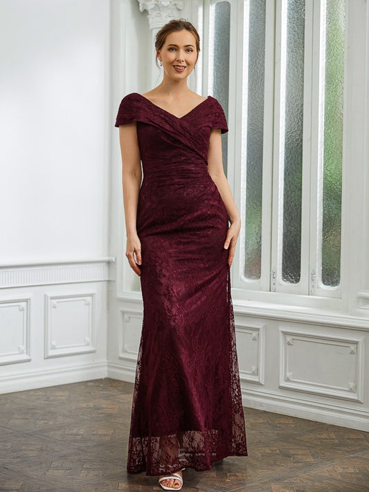 Emilia Sheath/Column Lace Ruched V-neck Short Sleeves Floor-Length Mother of the Bride Dresses DTP0020246
