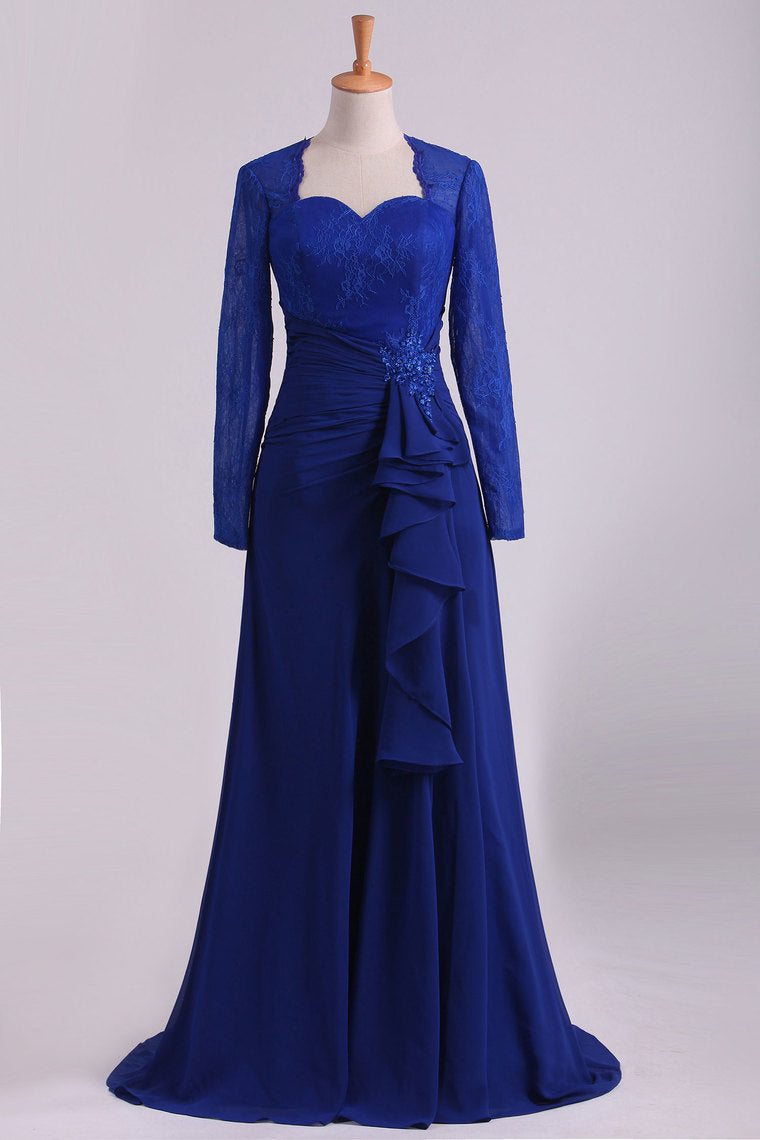2024 Mother Of The Bride Dresses Long Sleeves Chiffon With Applique Open Back Dark Royal Blue