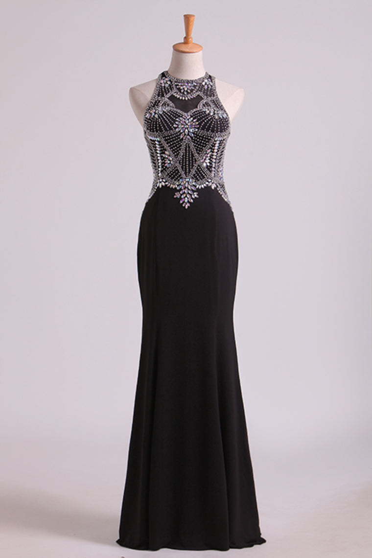 2024 Black Prom Dresses Scoop Beaded Bodice Floor Length Spandex Sheath