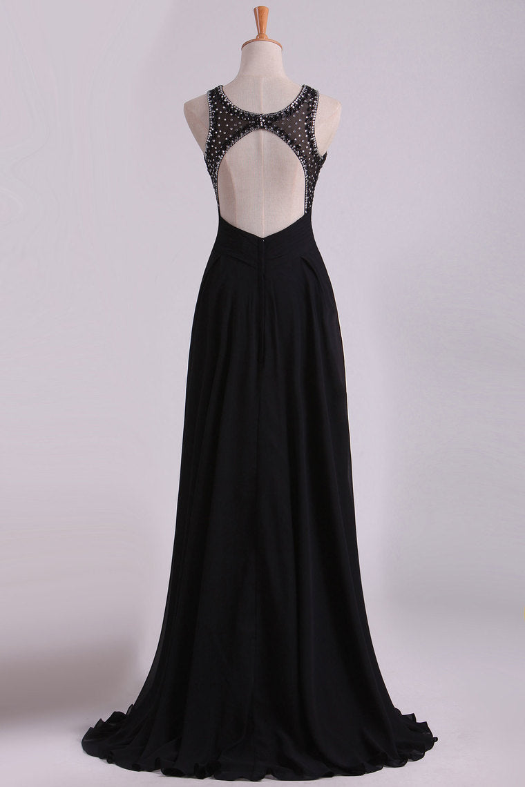 2024 Black Open Back Prom Dresses Scoop A Line Chiffon With Beading
