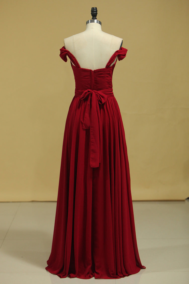 2024 Burgundy/Maroon Prom Dresses Off The Shoulder A Line Chiffon Floor Length With Ruffles