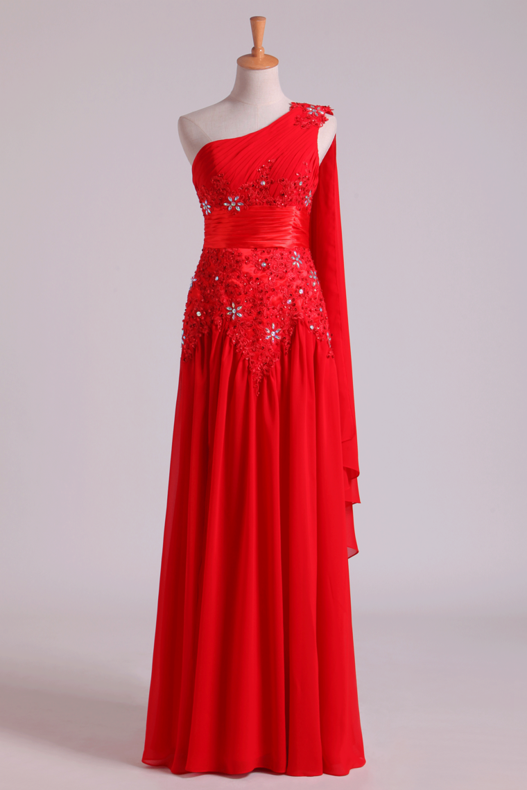 2022 Red One Shoulder A Line Prom Dresses With Applique & Ruffles Floor Length
