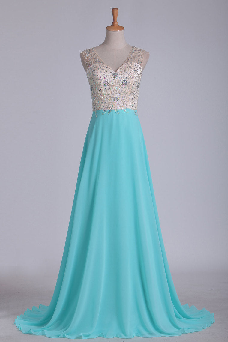 2022 V Neck Beaded Bodice A Line Prom Dresses Chiffon & Tulle Sweep Train