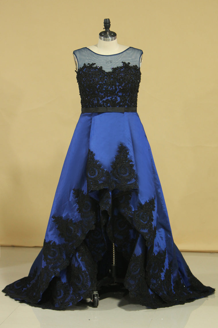 2024 Plus Size Asymmetrical Bateau Prom Dresses Taffeta With Applique And Sash Sweep Train Dark Royal Blue