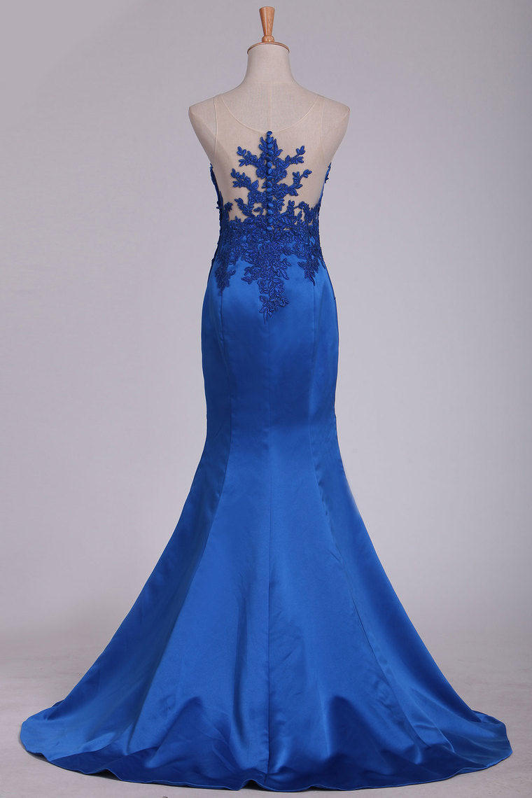 2022 Mermaid Evening Dresses Scoop Satin With Applique Floor Length
