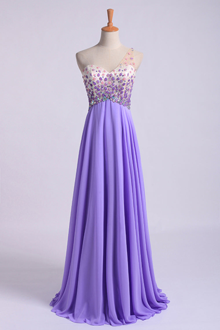 2024 Romantic Prom Dresses A Line One Shoulder With Beadings Tulle And Chiffon Sweep Train