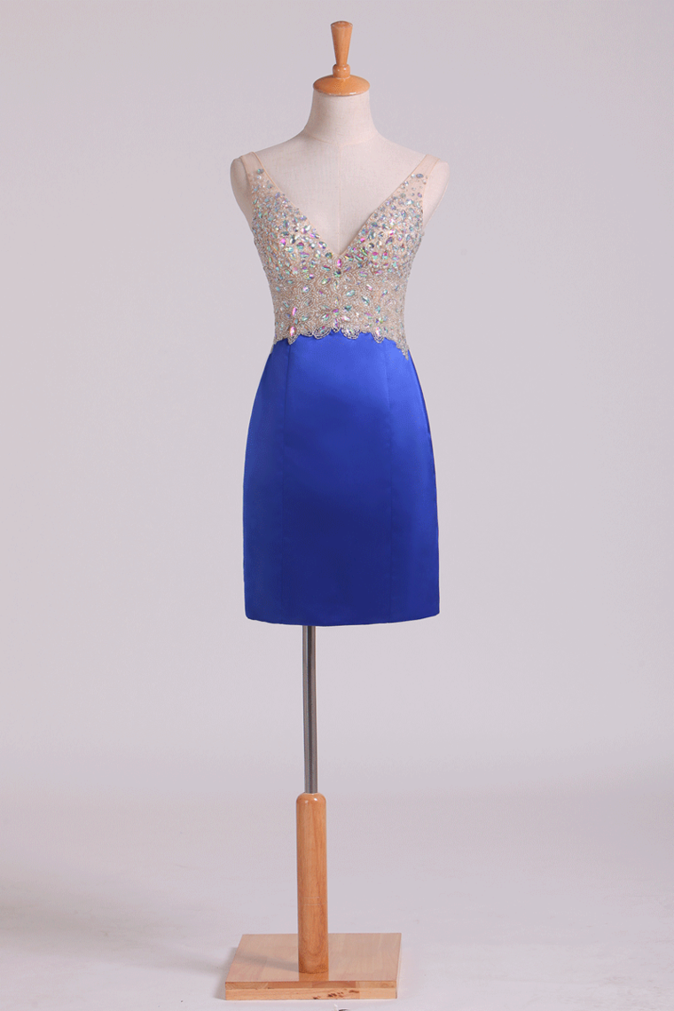 2022 Beaded Bodice V Neck Homecoming Dresses Sheath/Column Mini Satin&Tulle
