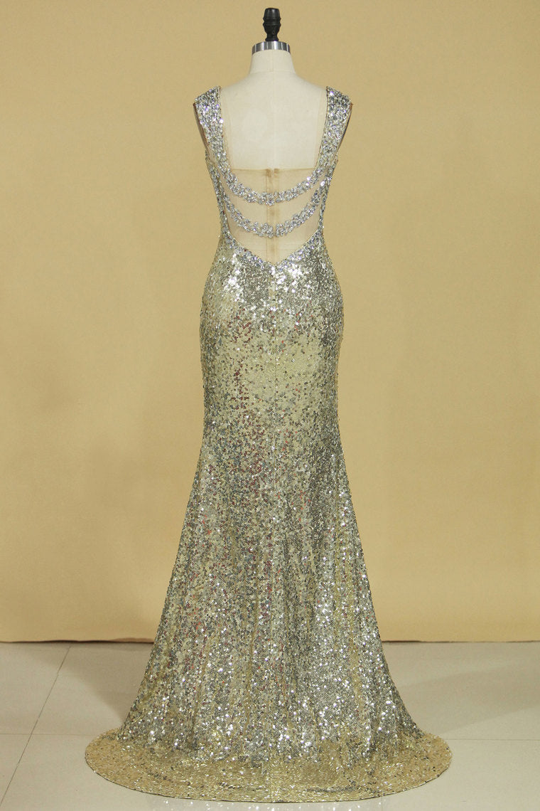 2022 Straps Prom Dresses Sheath With Beads Sequins Floor Length