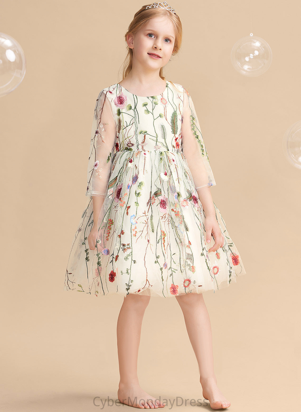 Lace Flower Girl Dresses Sleeves Long Flower Girl Scoop Ball-Gown/Princess Knee-length - Yaretzi Dress Neck