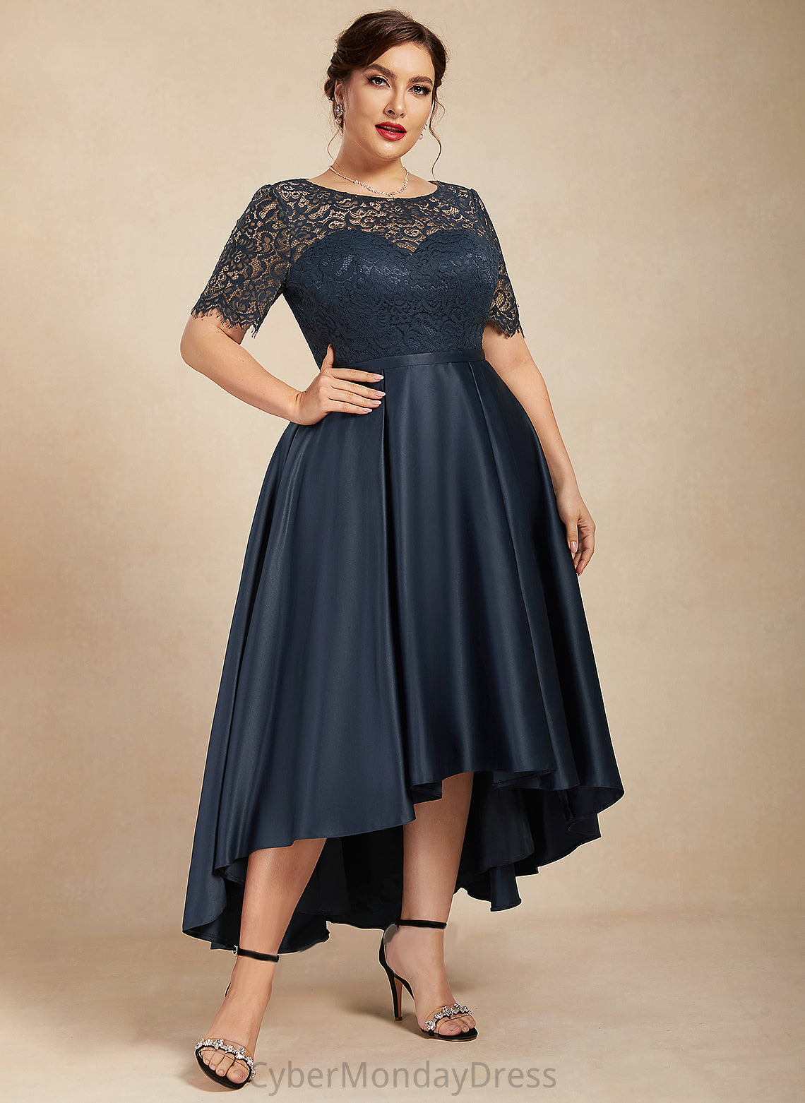 Cocktail Dresses With Dress Neck A-Line Layla Lace Scoop Pockets Asymmetrical Satin Cocktail