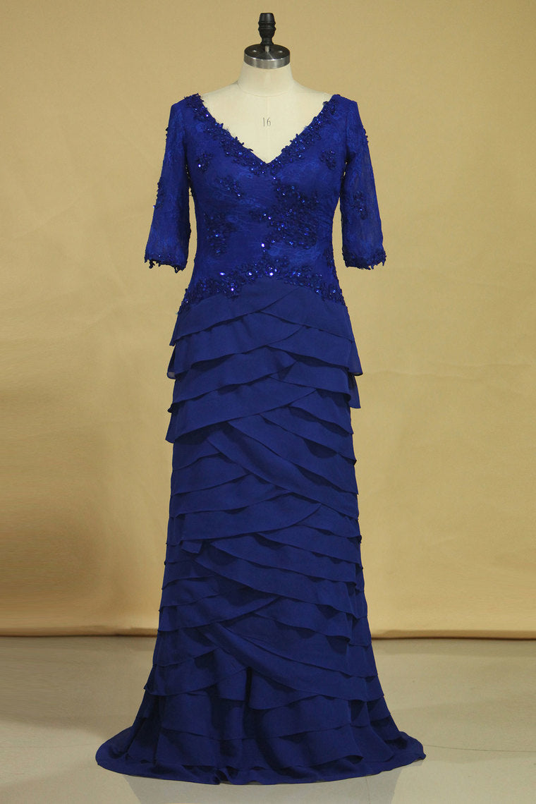 2022 Dark Royal Blue Mother Of The Bride Dresses Chiffon V Neck With 3/4 Length Sleeves