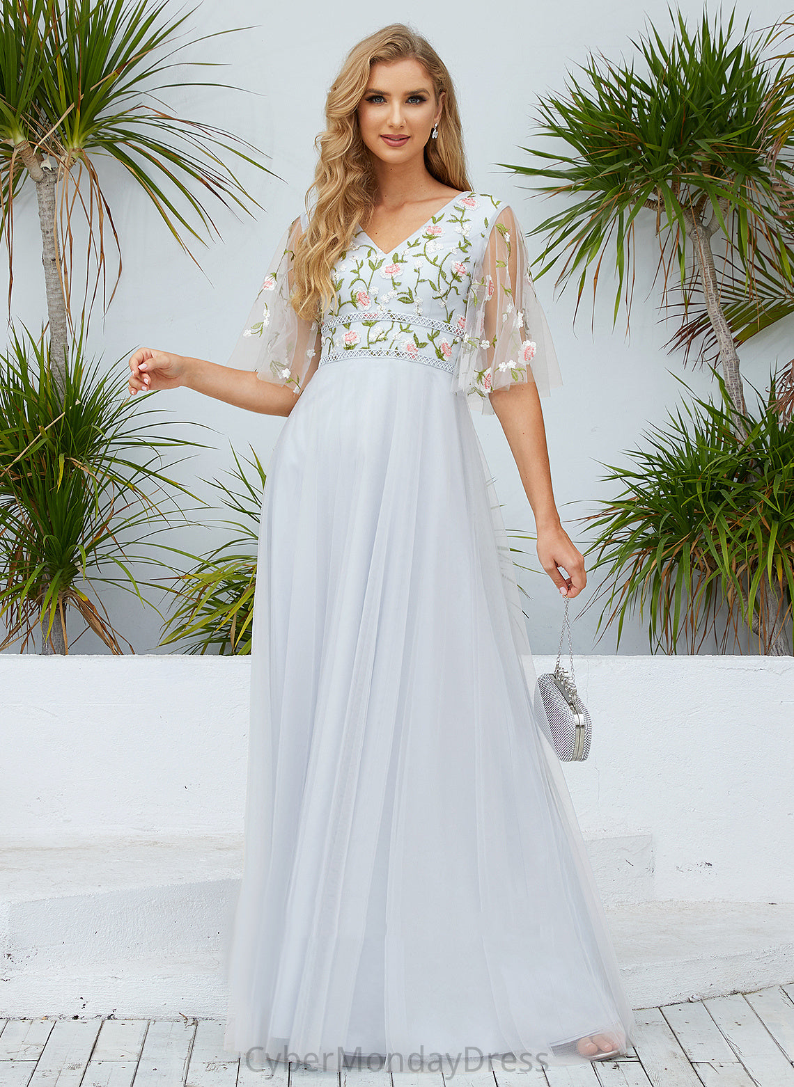A-Line Neckline Silhouette V-neck Embellishment Fabric Length Floor-Length Flower(s) Cristina Bridesmaid Dresses