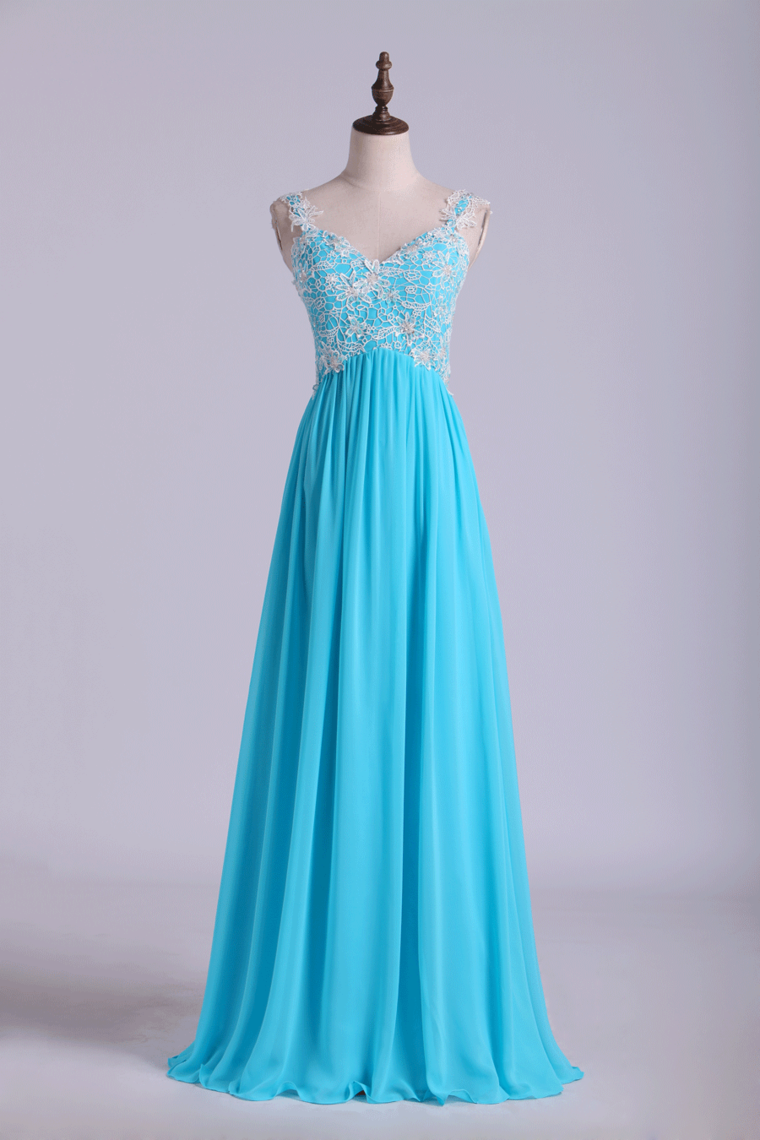 2024 Low Back Straps A Line Chiffon Prom Dress With Lace Bodice