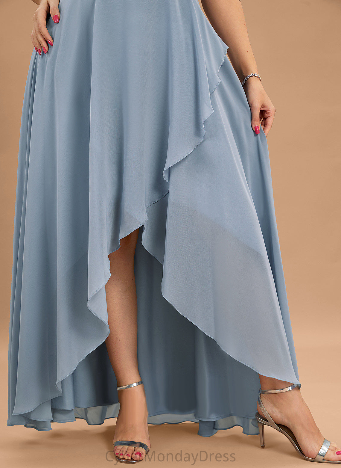 V-neck A-Line Neckline Fabric Straps Length Asymmetrical Silhouette Carissa Natural Waist Floor Length Sleeveless Bridesmaid Dresses
