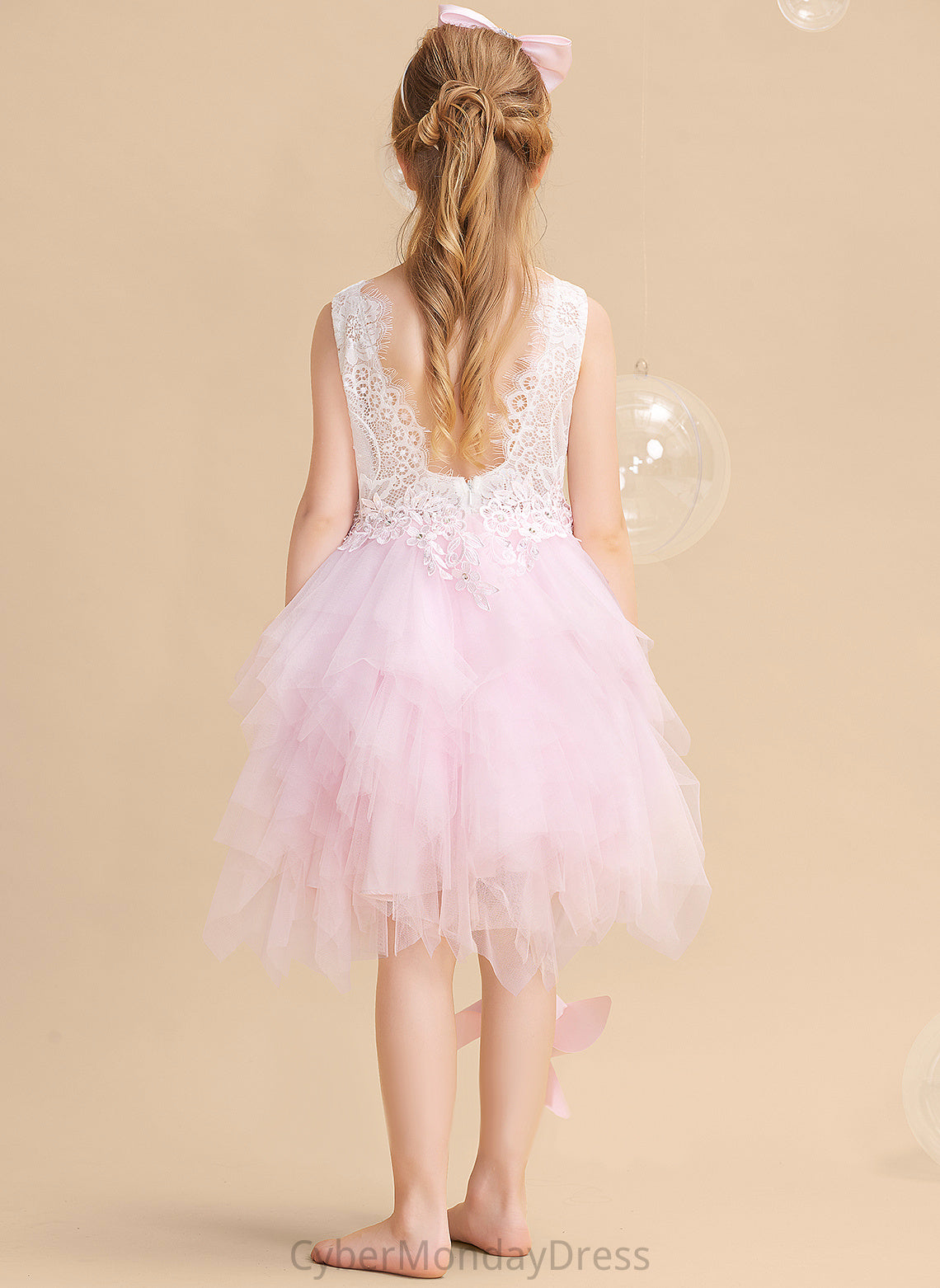 Ball-Gown/Princess Pam Back Lace/Beading/Sequins/V Neck Knee-length Sleeveless Scoop Dress Girl With Flower Flower Girl Dresses - Tulle/Lace