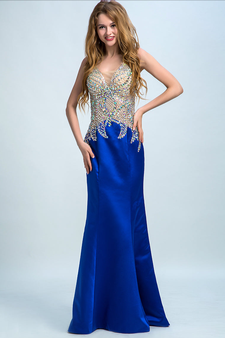 2022 Dark Royal Blue Two-Tone Mermaid Prom Dresses V-Neck Beaded Bodice Satin & Tulle