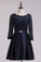 2022 3/4 Length Sleeve Bridesmaid Dresses A Line Bateau Satin & Lace Open Back Black