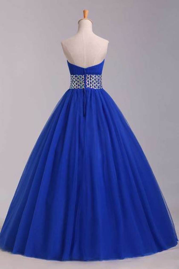 2022 Prom Dress Strapless Dark Royal Blue A Line/Princess Pick Up Tulle Skirt Beaded Waistline