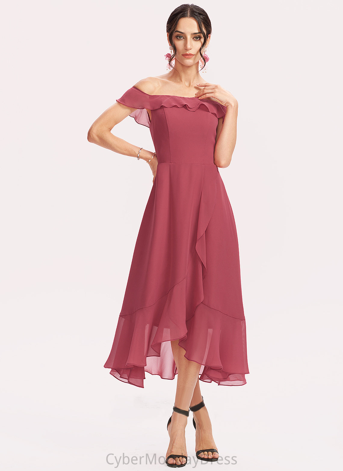 Chiffon Gia Cocktail Dresses Tea-Length Dress Cascading Ruffles A-Line Off-the-Shoulder With Cocktail