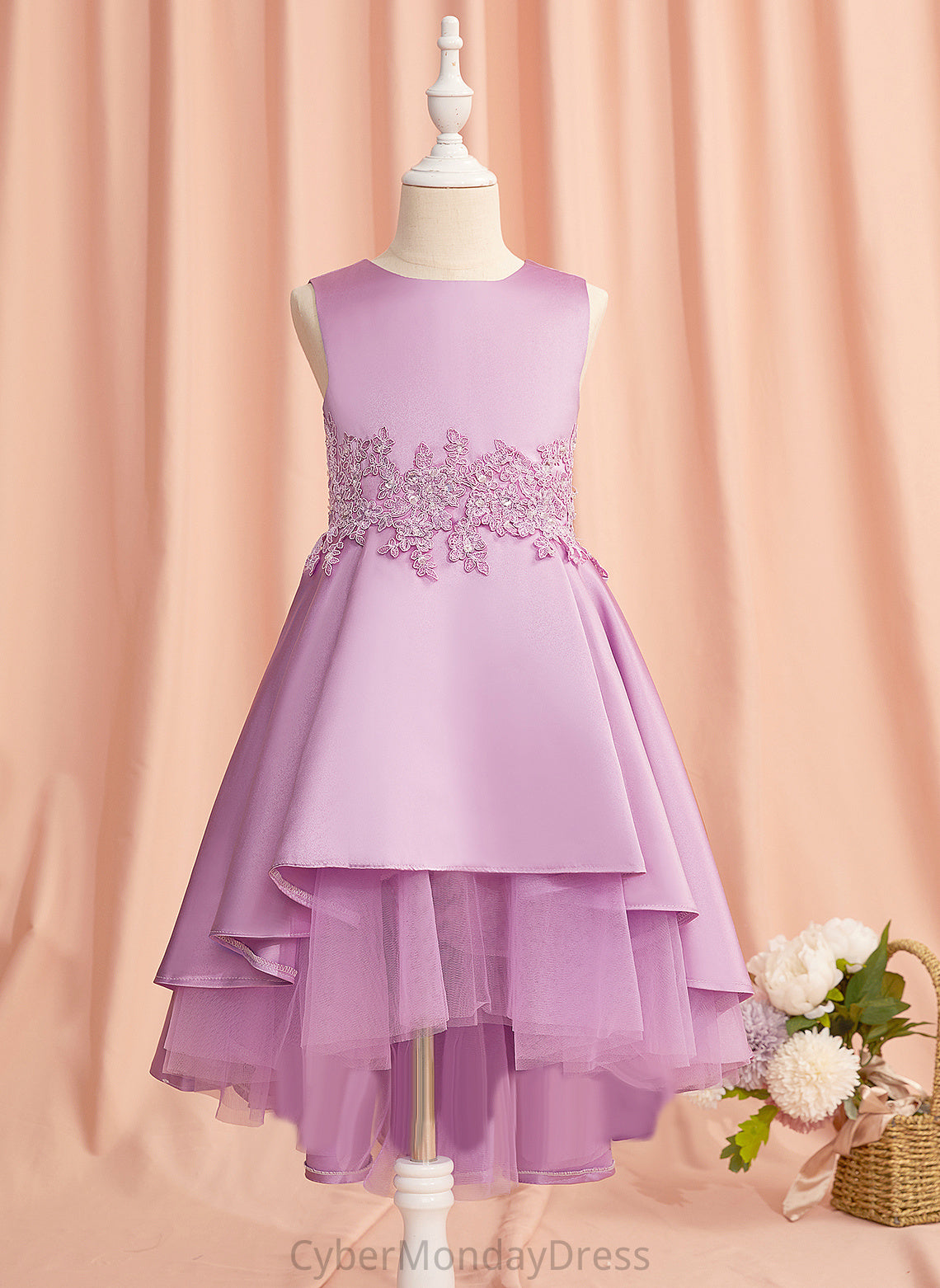 With Dress Sleeveless Flower Scoop A-Line Girl Satin/Tulle Neck Jaelynn - Flower Girl Dresses Asymmetrical Lace/Beading/Bow(s)