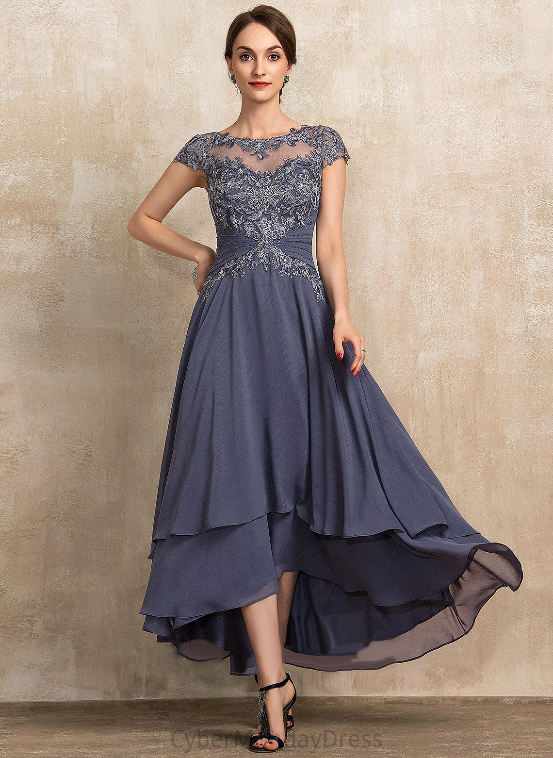 A-Line Cornelia With Chiffon Cocktail Neck Cocktail Dresses Lace Beading Asymmetrical Dress Scoop