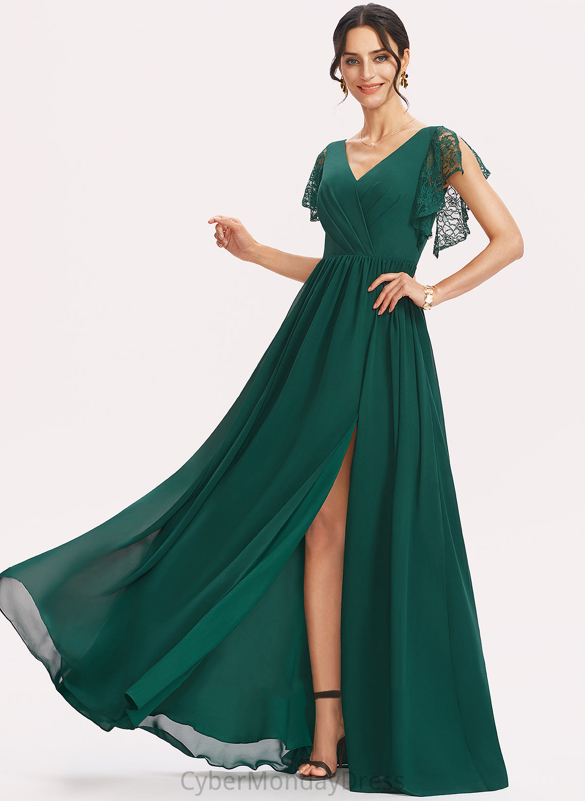Fabric A-Line V-neck Lace Embellishment Floor-Length Neckline SplitFront Length Silhouette Kasey Natural Waist Bridesmaid Dresses