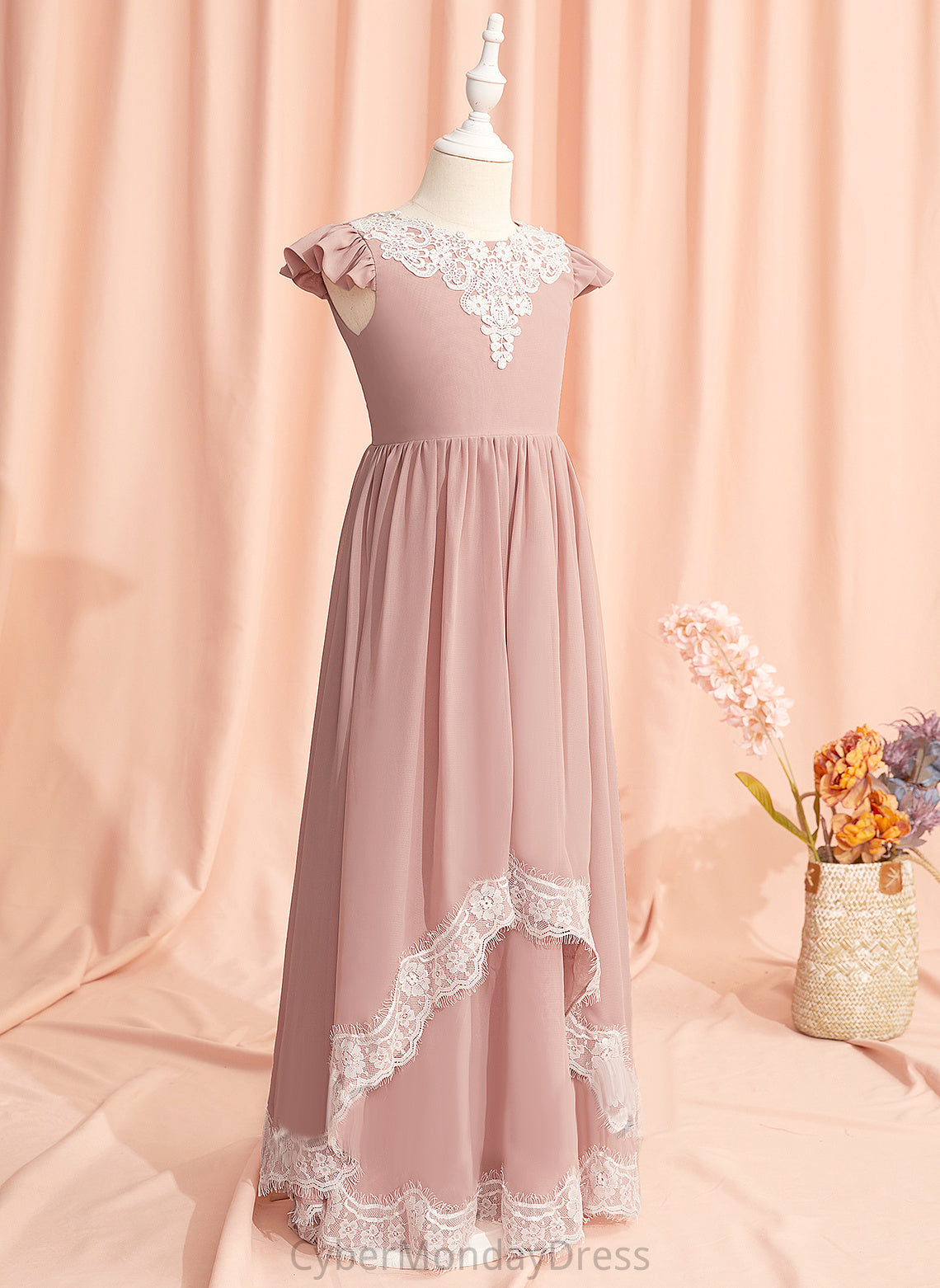 Lori Dress Flower Girl Dresses Lace/V Floor-length - Chiffon/Lace Scoop Short Back Girl Neck With Flower Sleeves A-Line