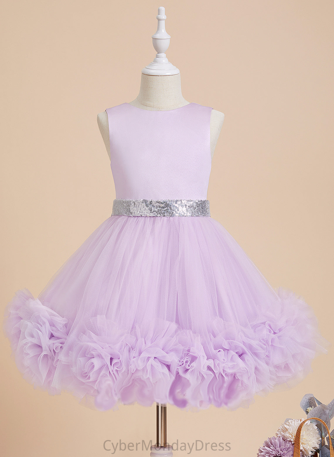 Satin/Tulle Girl Flower Girl Dresses Neck Dress Flower Ball-Gown/Princess Knee-length Athena Flower(s)/Sequins With Scoop Sleeveless -