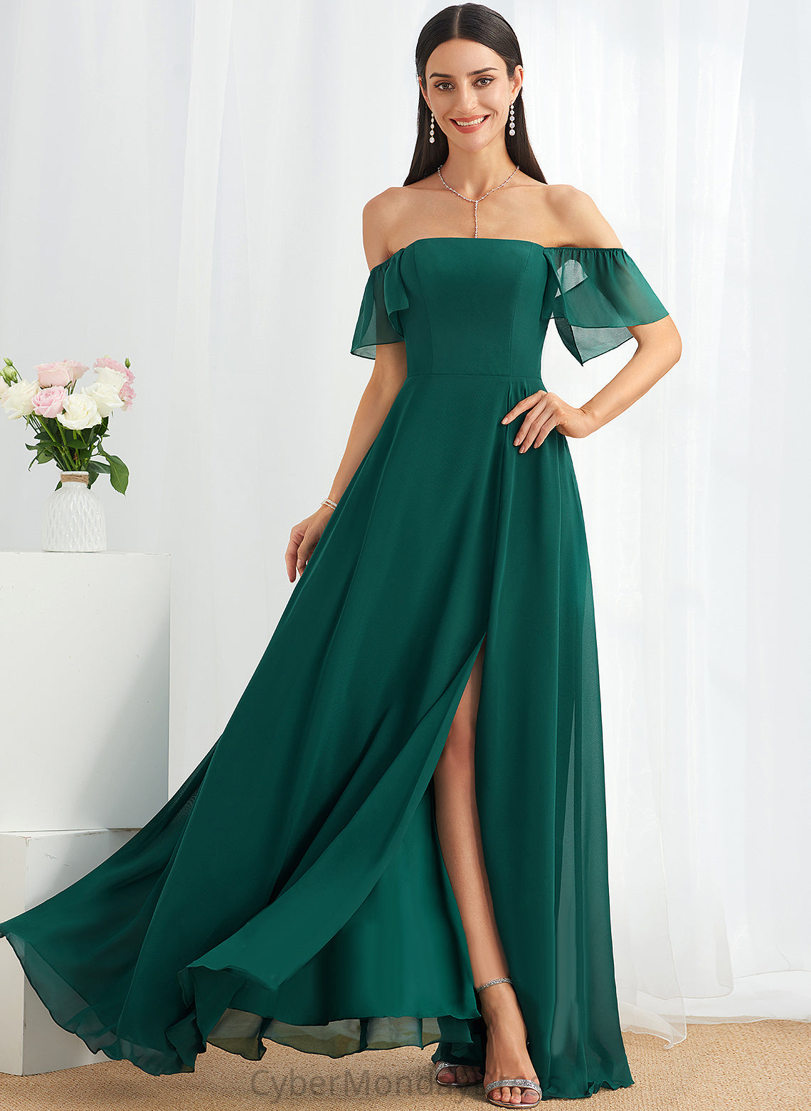 SplitFront Silhouette Embellishment Fabric Length Neckline Floor-Length Off-the-Shoulder A-Line Myah Scoop Floor Length Bridesmaid Dresses