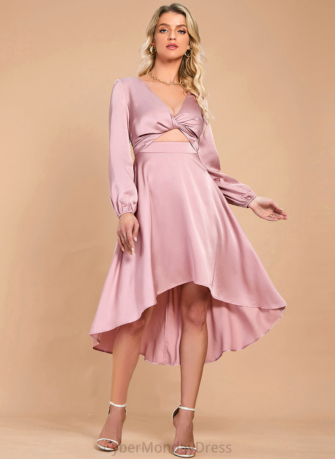 Elegant Club Dresses Sleeves Dresses Midi A-line Satin Long V-Neck Mackenzie