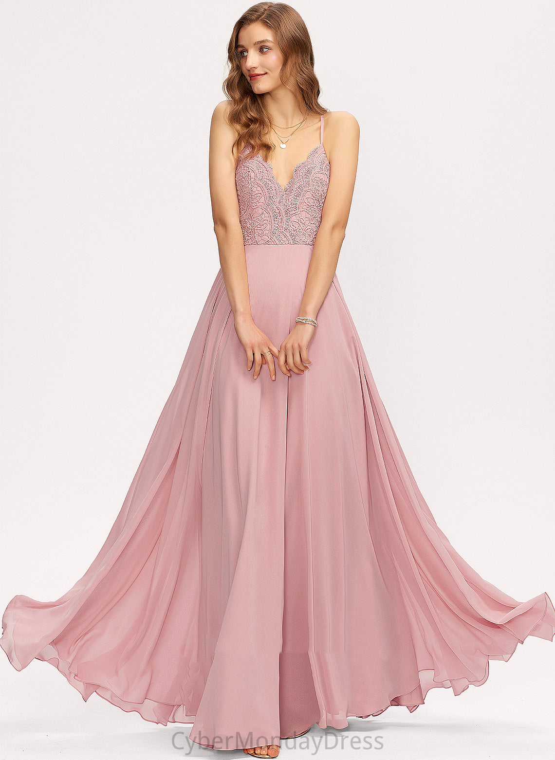 Length A-Line Silhouette V-neck Floor-Length Lace Straps Fabric Neckline Aliza Sleeveless Spaghetti Staps Bridesmaid Dresses