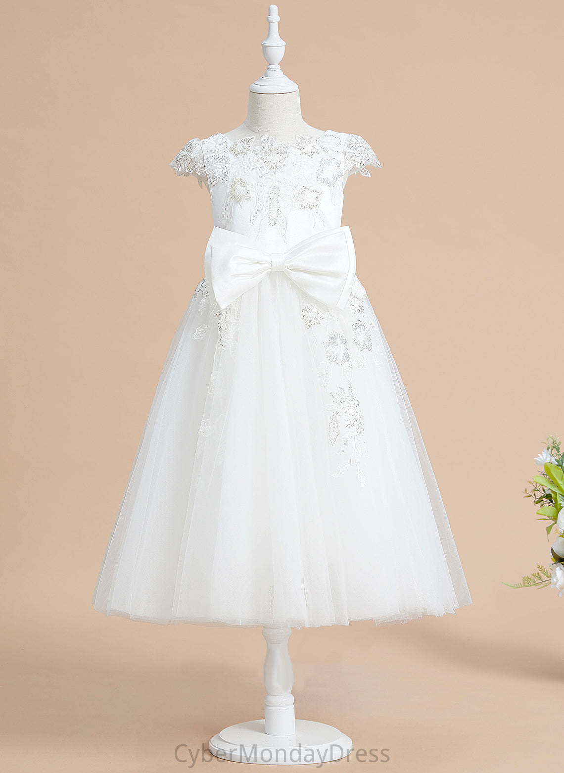 Girl A-Line Hadley Sleeves Neck Flower Girl Dresses Flower Scoop Short Dress Tulle/Lace Tea-length With Sequins/Bow(s) -