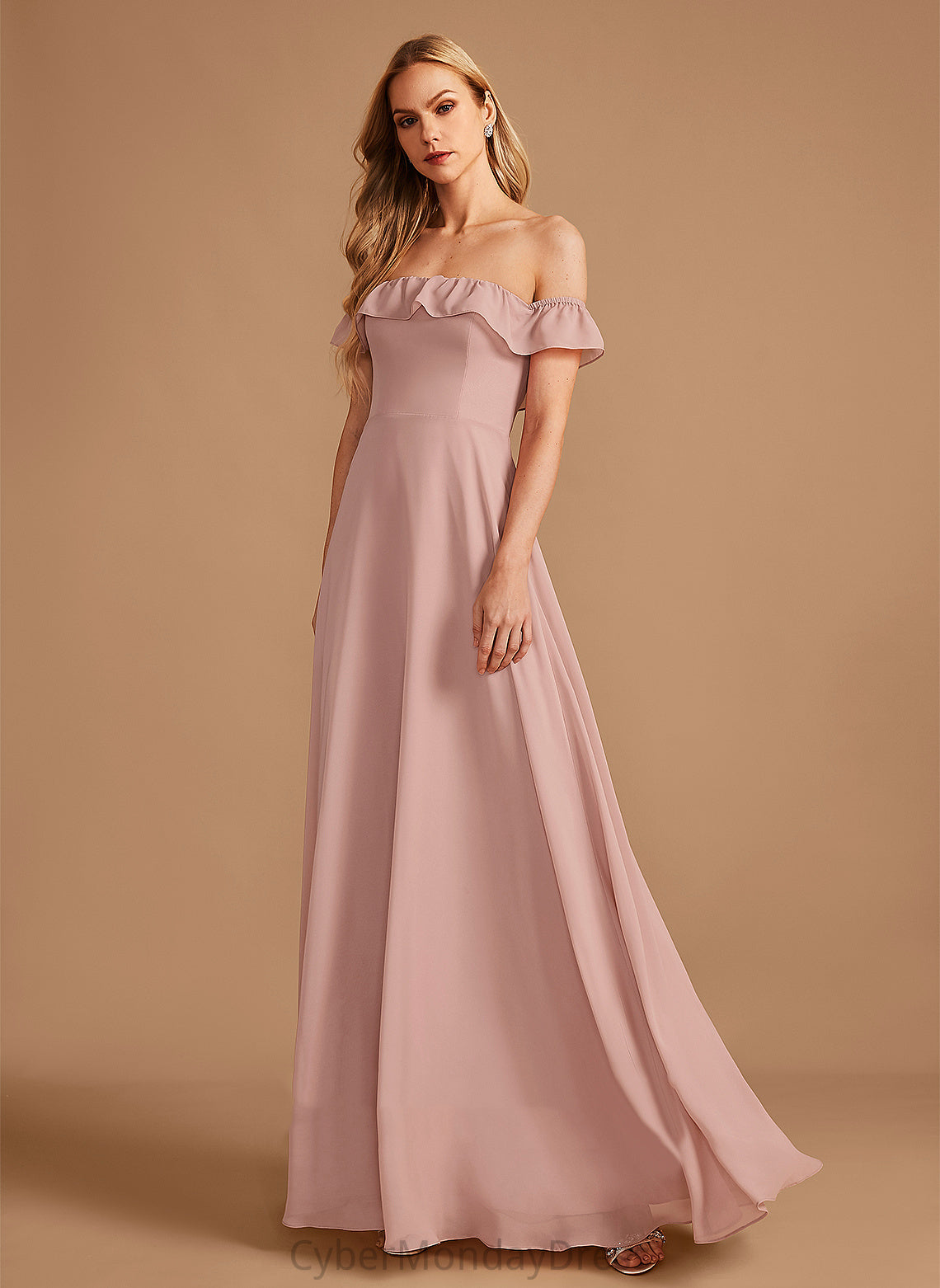 Silhouette Floor-Length Length Ruffle Embellishment Neckline Off-the-Shoulder A-Line Fabric Tiffany Floor Length Natural Waist Bridesmaid Dresses