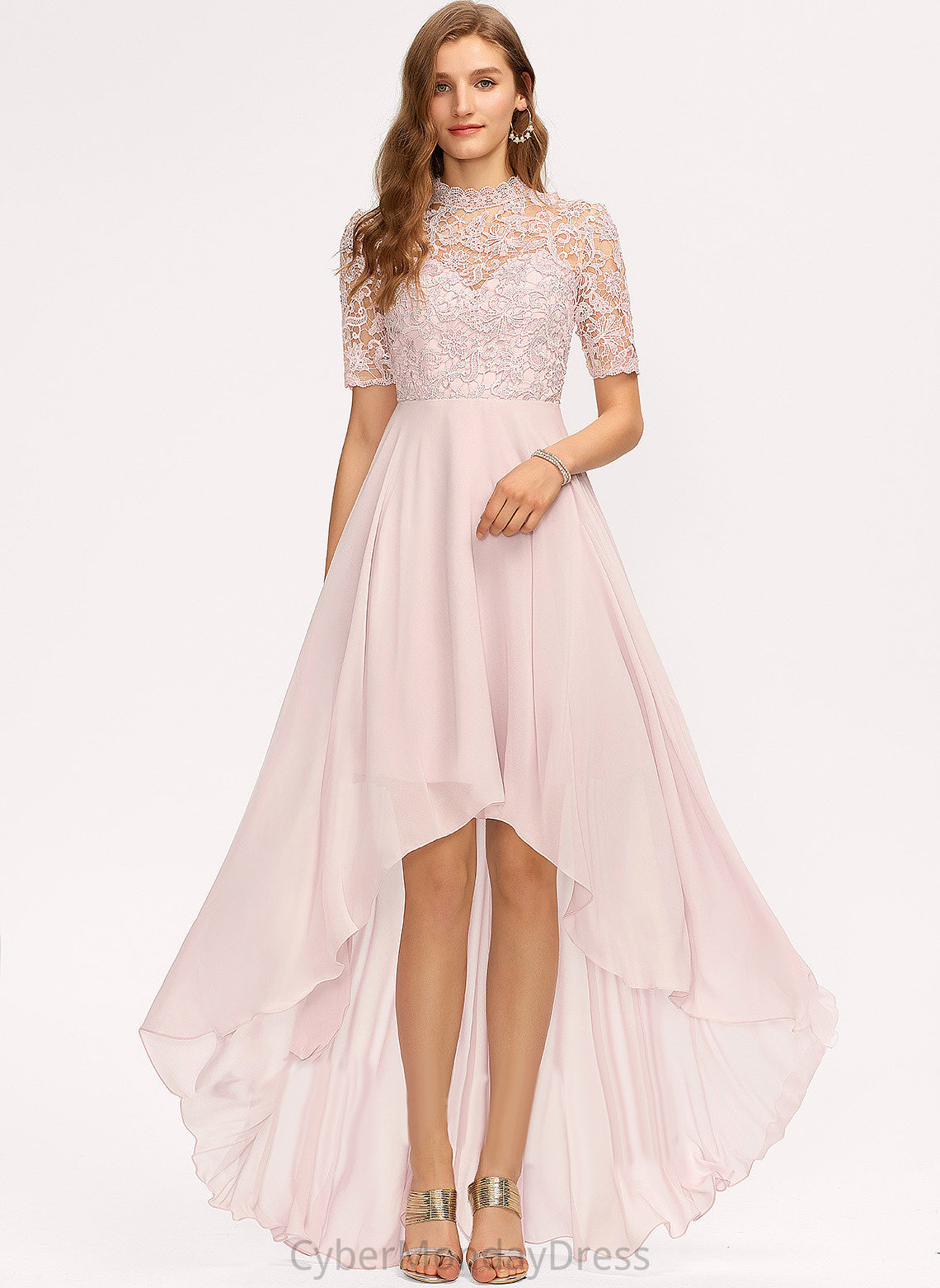 Straps Lace A-Line Length Neckline HighNeck Asymmetrical Fabric Silhouette Ariana Knee Length Natural Waist Bridesmaid Dresses
