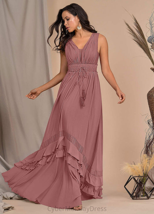 Nyla Floor Length Cap Sleeves Natural Waist V-Neck Bridesmaid Dresses