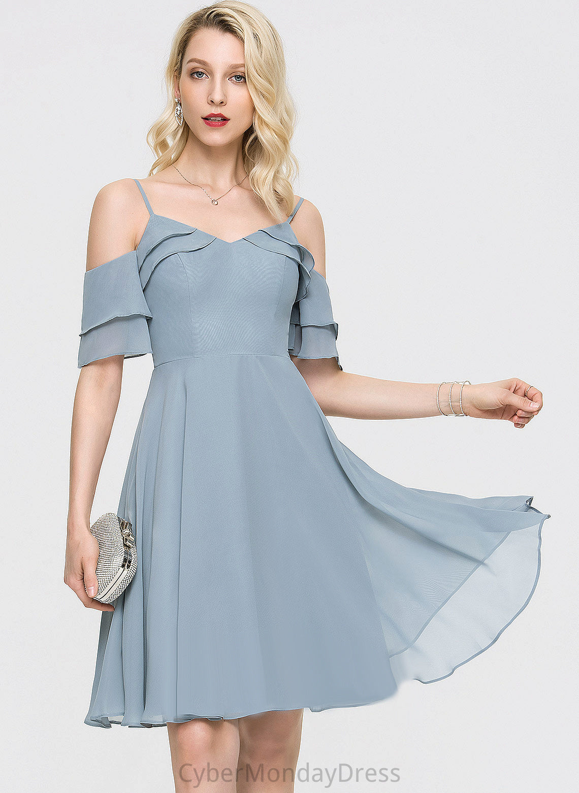 Dress With Pearl Cocktail Dresses V-neck Chiffon Knee-Length Ruffles A-Line Cocktail Cascading