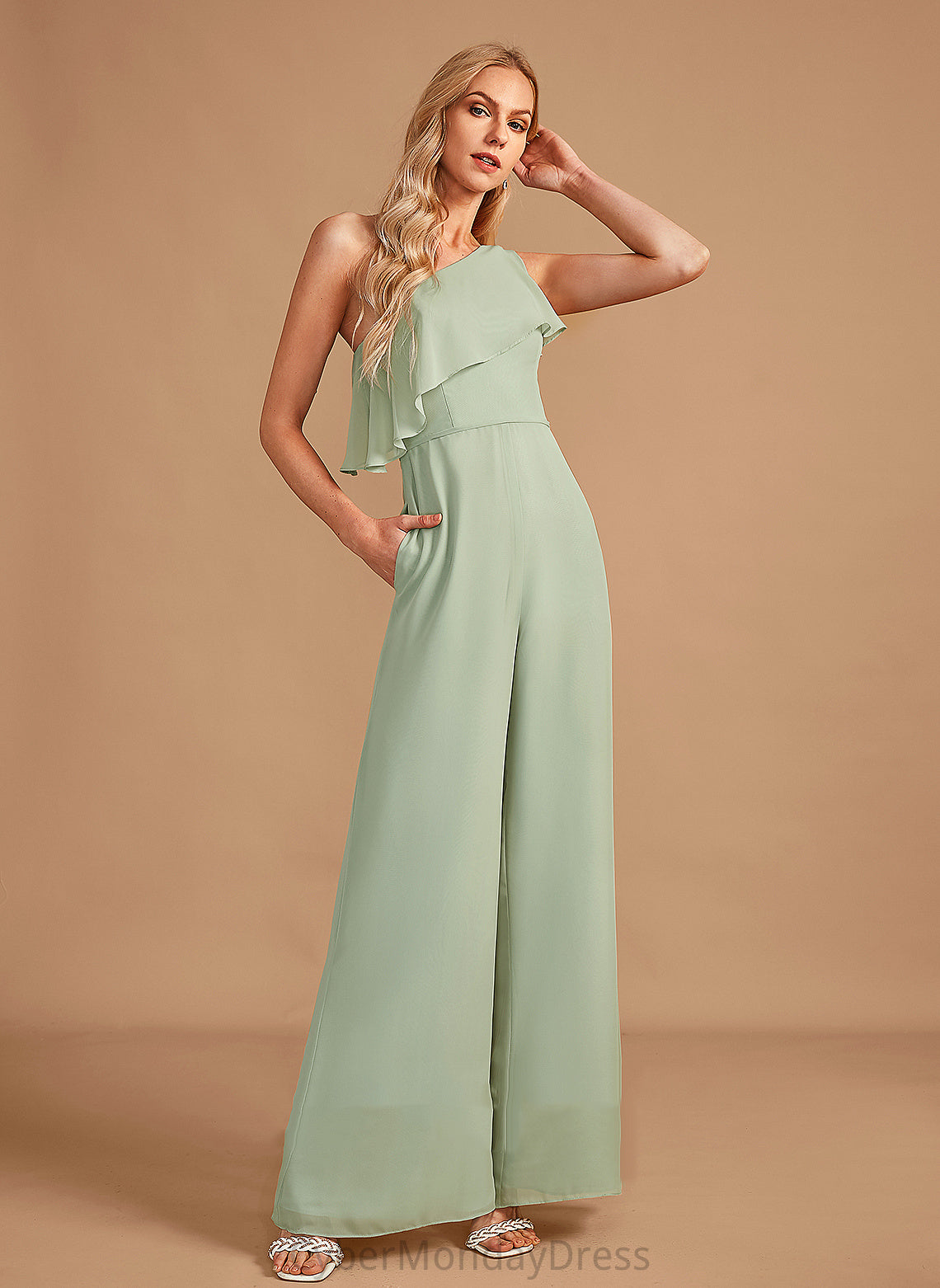 One-Shoulder Floor-Length Embellishment Fabric Length Ruffle Straps Neckline Kathy Natural Waist Trumpet/Mermaid Sleeveless Bridesmaid Dresses