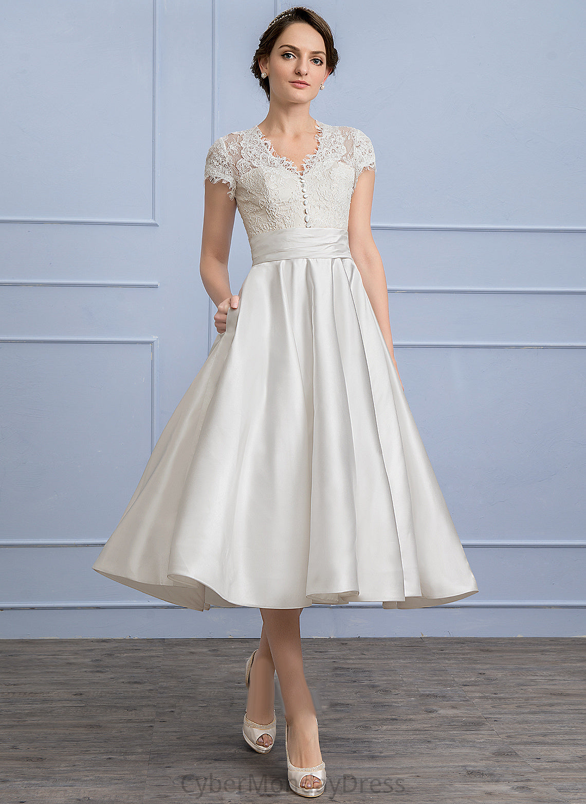 Wedding Anahi Ruffle Wedding Dresses Dress Tea-Length V-neck A-Line Satin Lace With