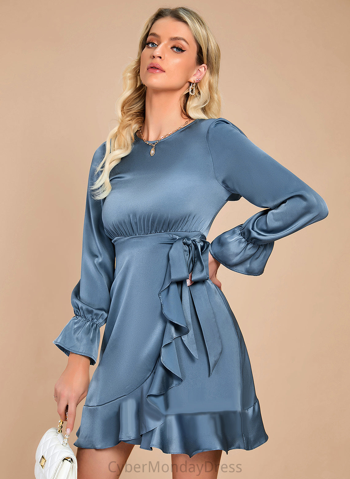 Sleeves A-line Elegant Mini Round Thelma Club Dresses Neck Satin Long Dresses