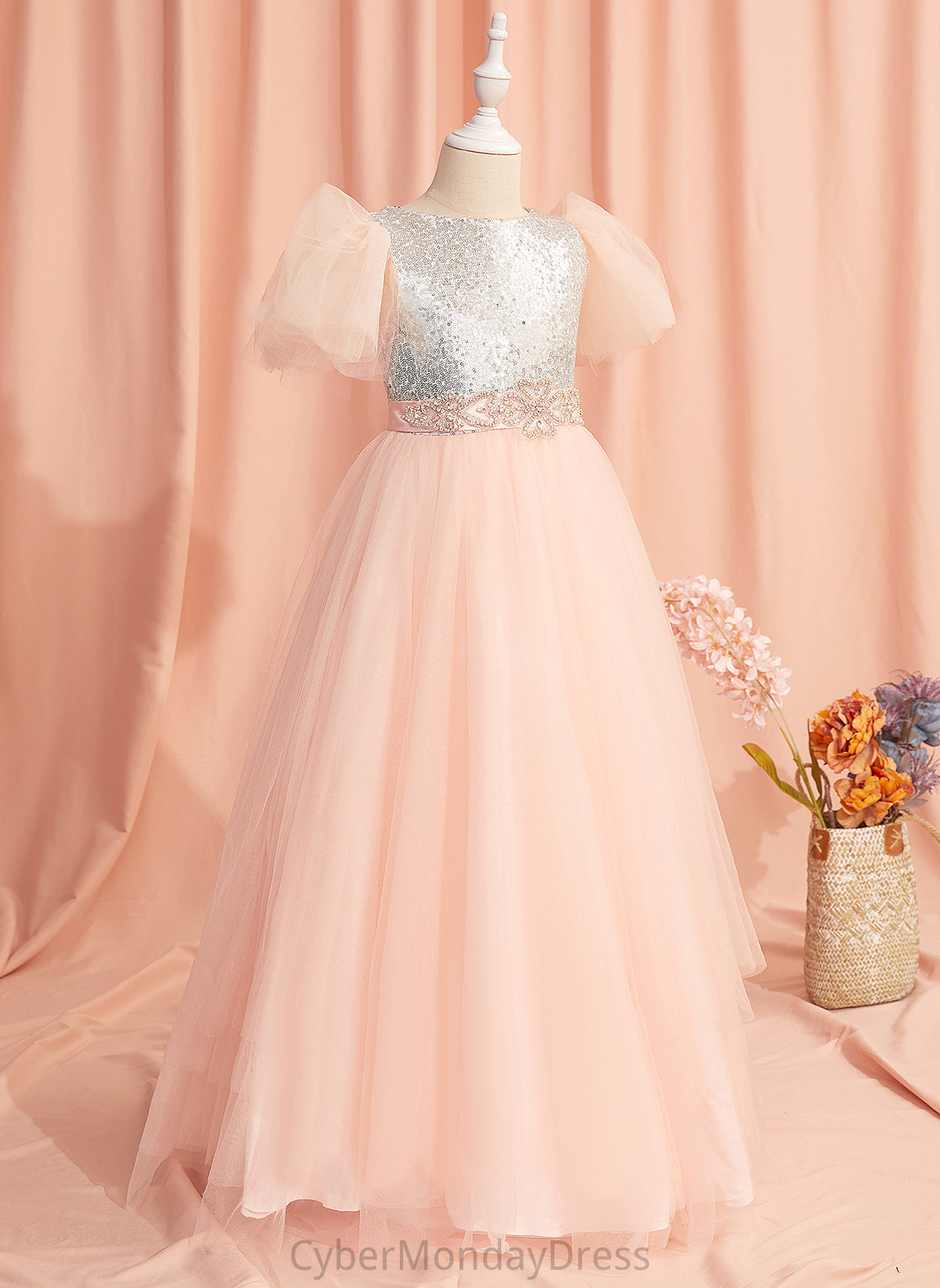 Beading/Sequins/Bow(s) Girl Flower Girl Dresses Scoop Flower Alina - Tulle/Sequined Sleeves Dress Short Neck With Floor-length Ball-Gown/Princess
