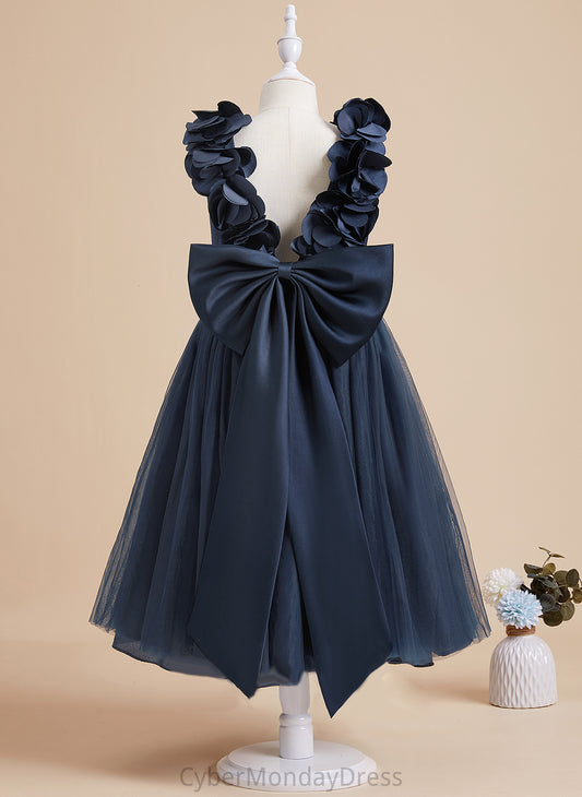 - A-Line Satin/Tulle Flower Dress With Tea-length V-neck Girl Lillie Flower(s)/Bow(s) Sleeveless Flower Girl Dresses