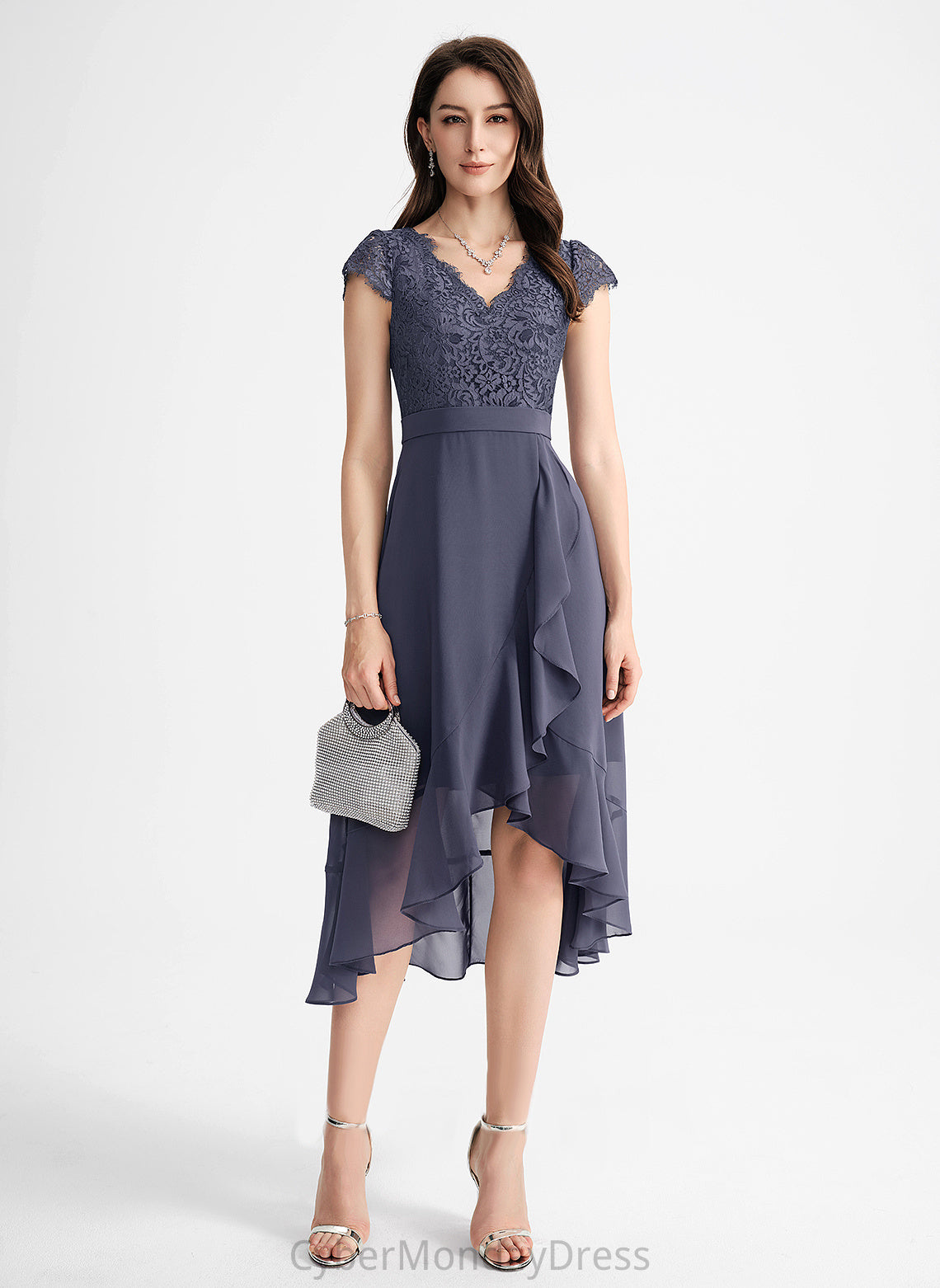 With A-Line Dress Lace V-neck Cascading Cocktail Asymmetrical Germaine Chiffon Cocktail Dresses Ruffles
