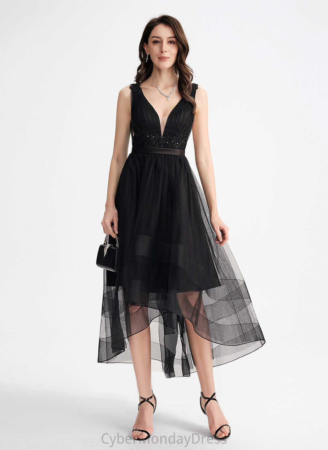 Cocktail With V-neck Asymmetrical Tulle Dress Sequins Cocktail Dresses A-Line Danica Lace