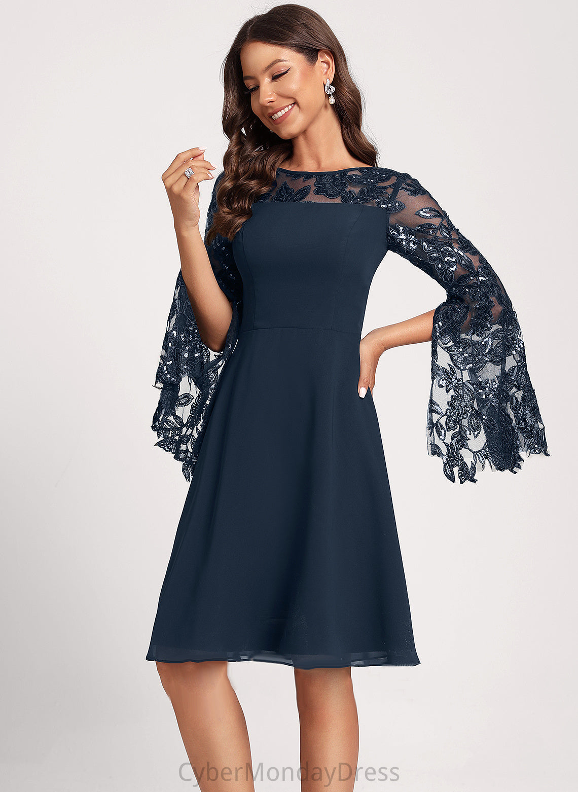 Dress Club Dresses Cocktail Chiffon Lace Scoop With Gina Sequins Knee-Length A-Line Neck