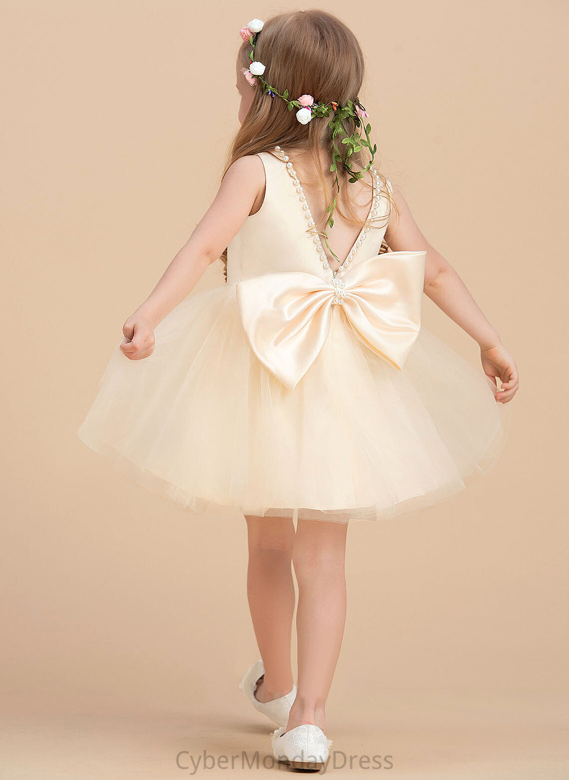 Flower Knee-length - Beading Satin/Tulle Sleeveless Flower Girl Dresses With Belinda Girl Neck Scoop A-Line Dress