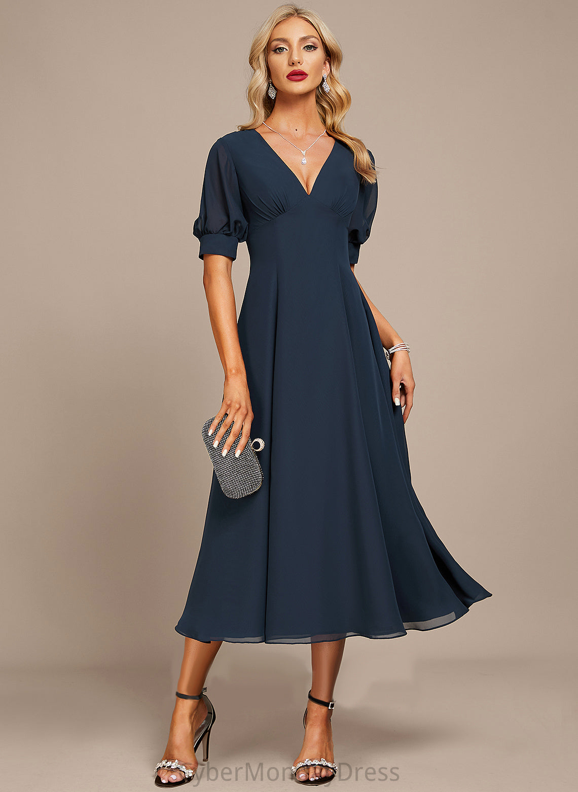 Amanda Tea-Length With Cocktail Dresses V-neck Ruffle Chiffon A-Line Cocktail Dress