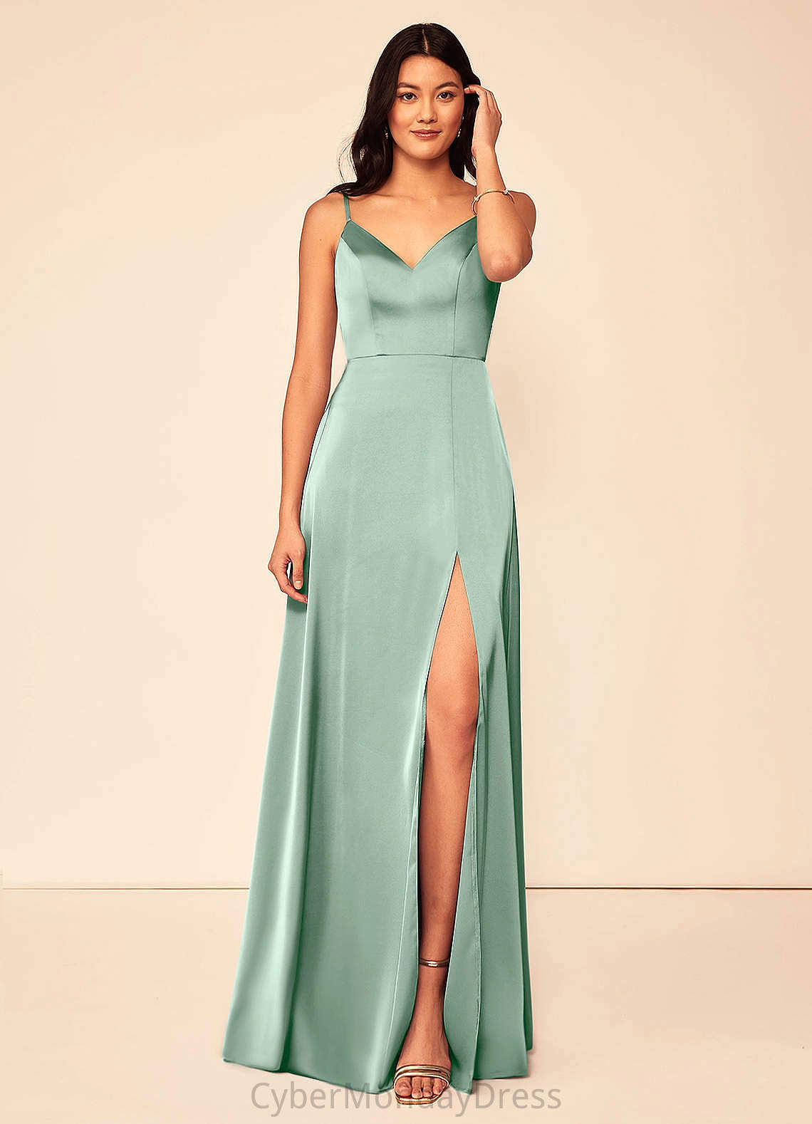 Janelle A-Line/Princess Sleeveless Floor Length V-Neck Natural Waist Bridesmaid Dresses