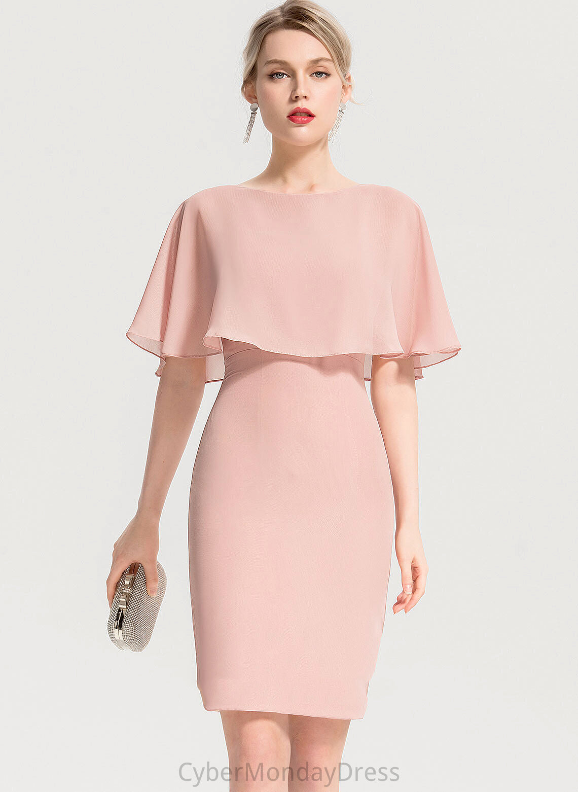 Chiffon Sheath/Column Dress Catalina Scoop Ruffles With Knee-Length Cocktail Neck Cascading Cocktail Dresses